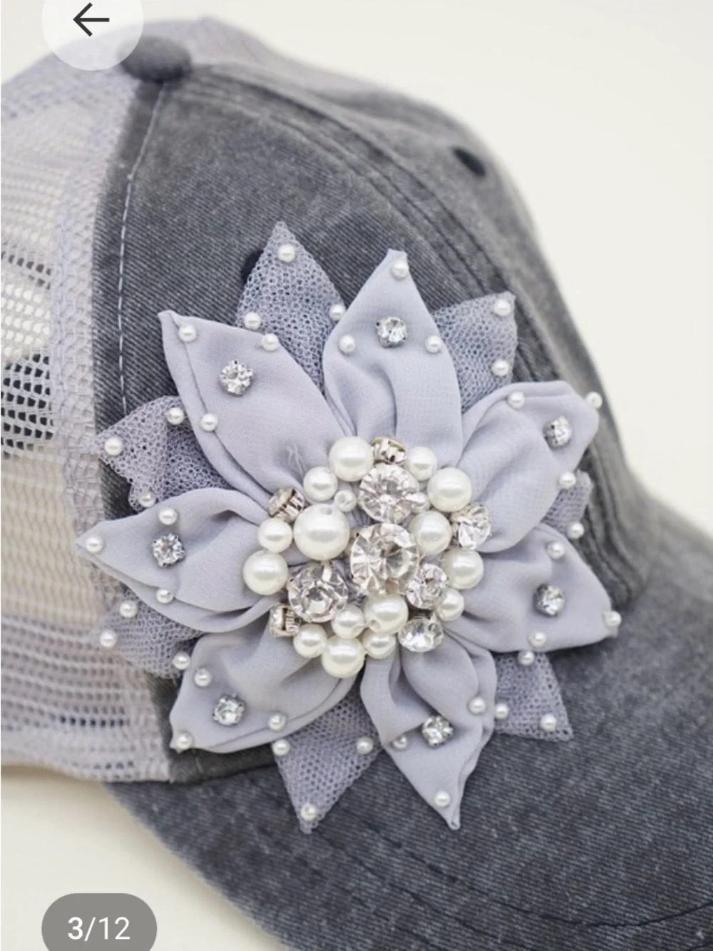 Embellished Flower Grey Mesh Trucker Hat
